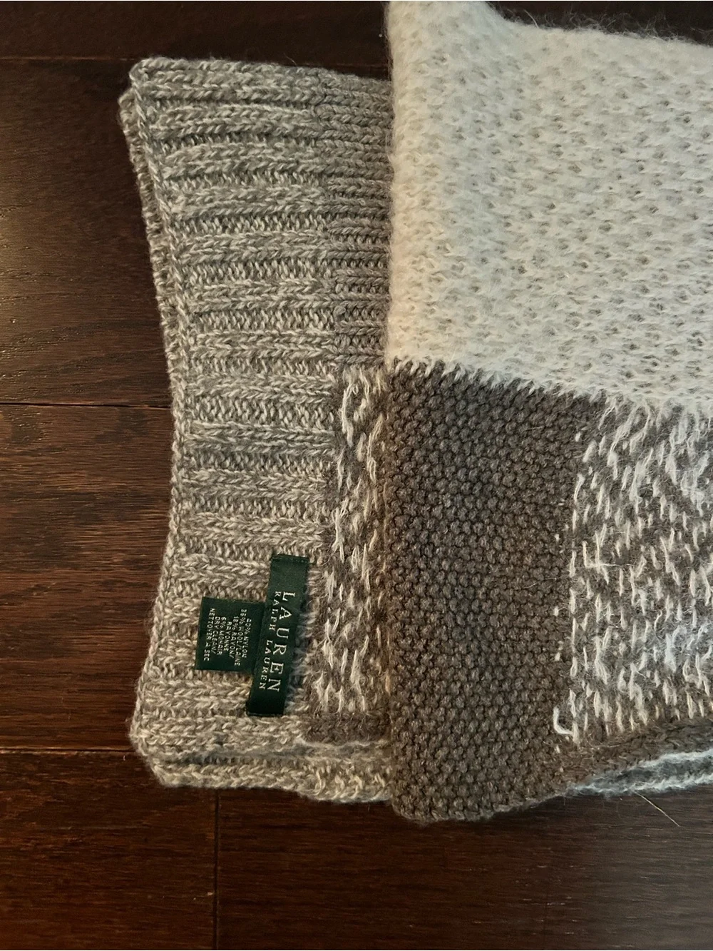 Lauren Ralph Lauren Cream and Gray Patchwork Knit scarf